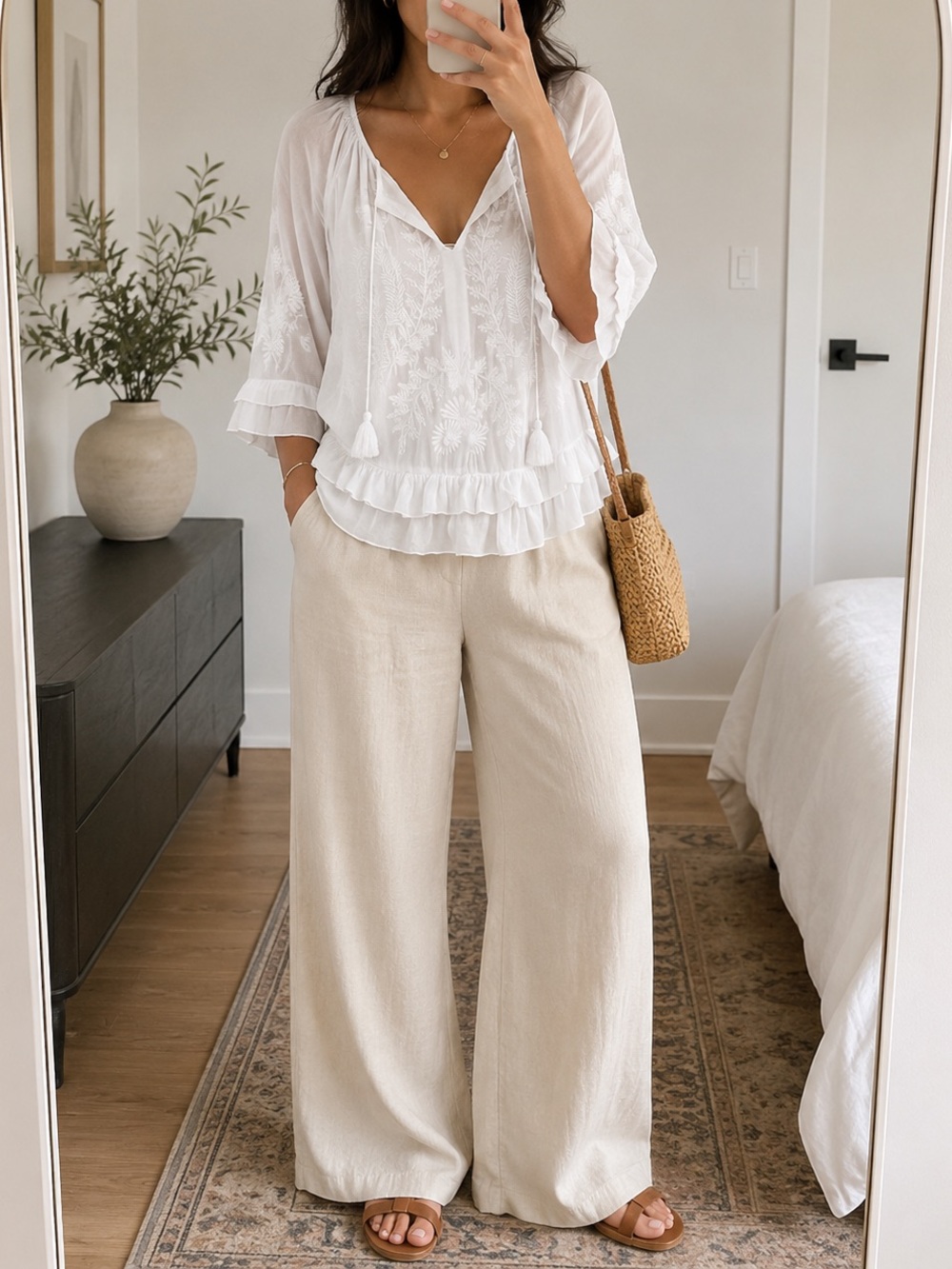 Anthropologie Cream Embroidered Peasant Blouse with Tassels